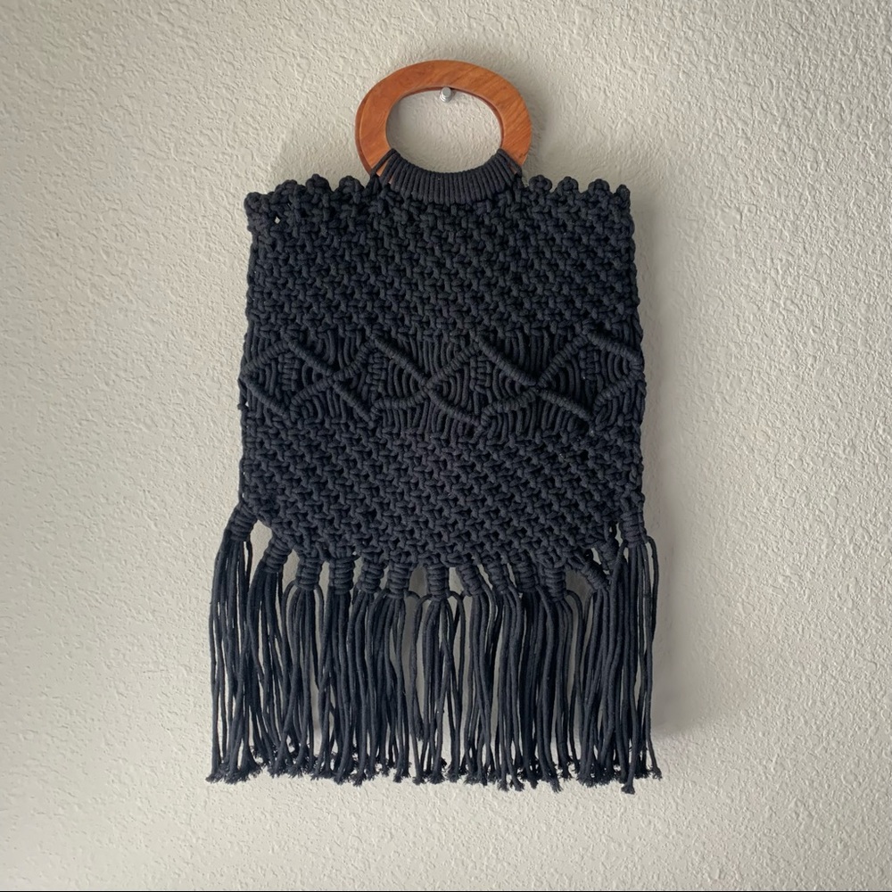 Danielle Nicole Black Macramé Fringe Tote with Wood Handles